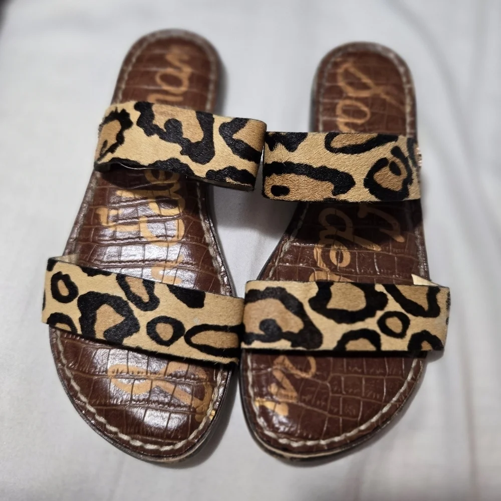Sam Edelman Gala Double Strap Slide Sandal Leopard Brahma Hair Sz 4